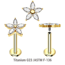 Pack of 5 Gold PVD plated titanium internally threaded labrets, Thickness 1.2mm, with a flower top with 5 CZ petals