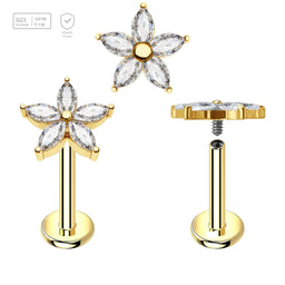 Pack of 5 Gold PVD plated titanium internally threaded labrets, Thickness 1.2mm, with a flower top with 5 CZ petals - G23 ASTM F-136 implant grade titanium body jewelry