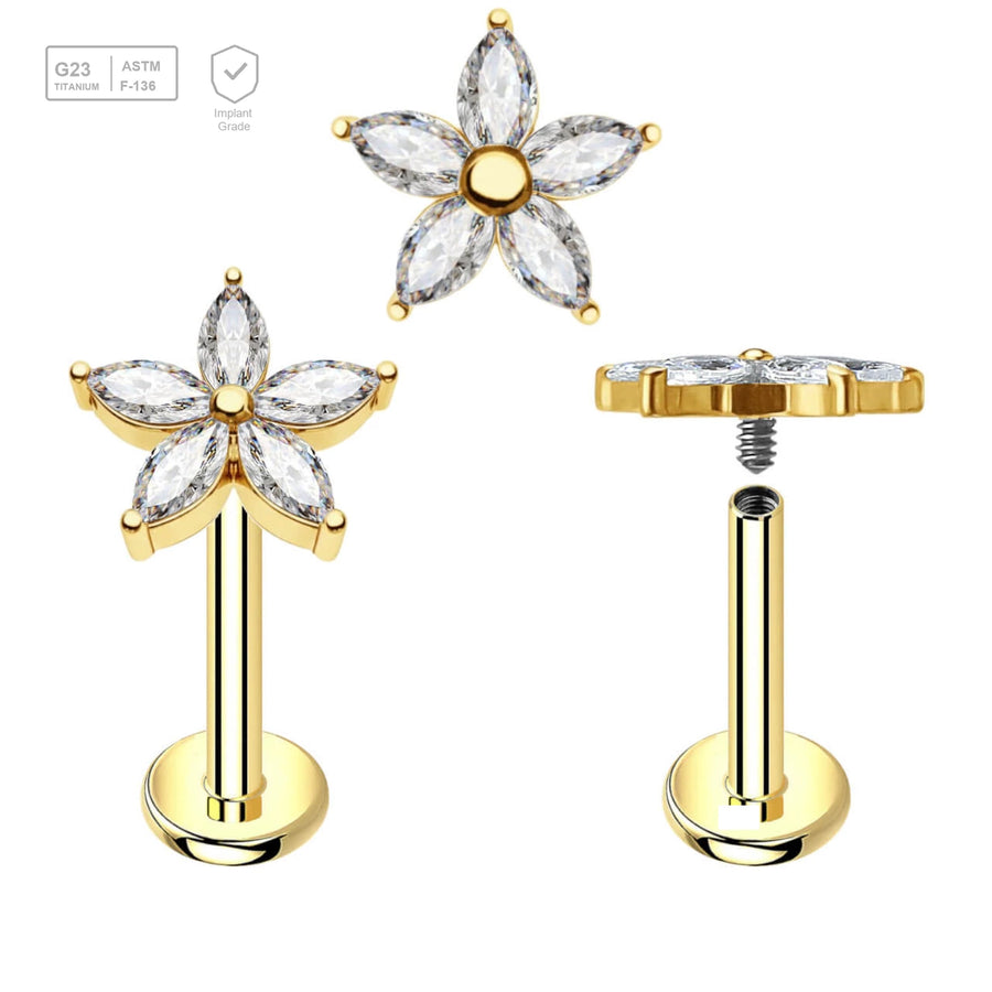 Pack of 5 Gold PVD plated titanium internally threaded labrets, Thickness 1.2mm, with a flower top with 5 CZ petals - G23 ASTM F-136 implant grade titanium body jewelry