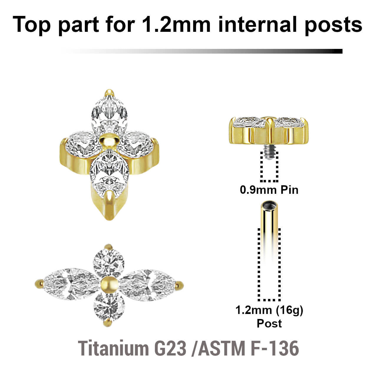 Pack of 5 gold PVD plated titanium Internally threaded labret tops with 2 round and 2 marquis prong set CZ stones
