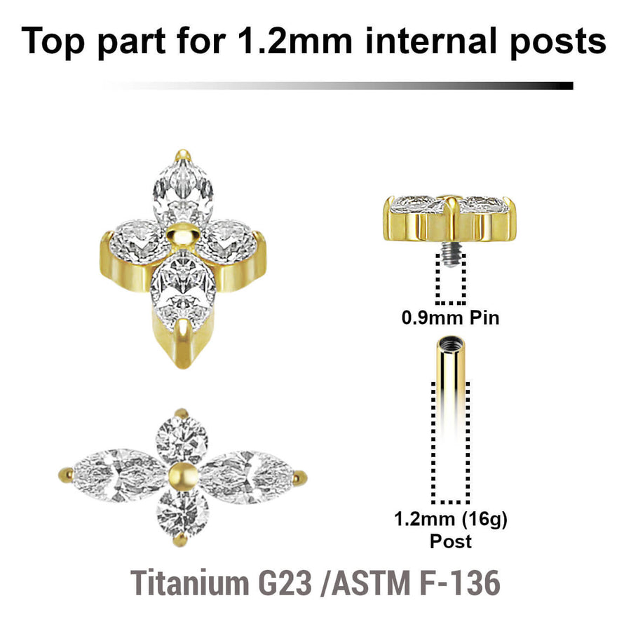 Pack of 5 gold PVD plated titanium Internally threaded labret tops with 2 round and 2 marquis prong set CZ stones