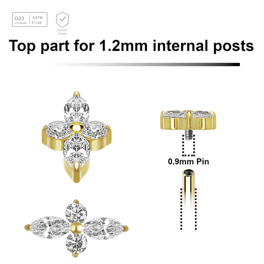 Pack of 5 gold PVD plated titanium Internally threaded labret tops with 2 round and 2 marquis prong set CZ stones - G23 ASTM F-136 implant grade titanium body jewelry