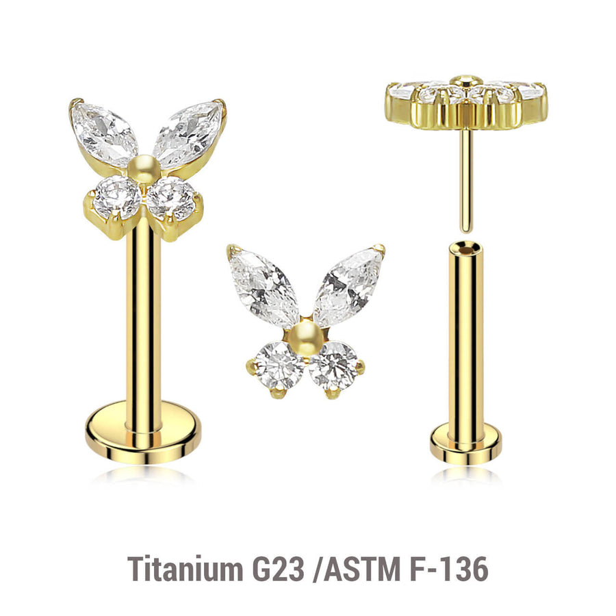 Pack of 5 Gold PVD plated Titanium threadless push in labrets, with butterfly-shaped top with prong set CZ stones