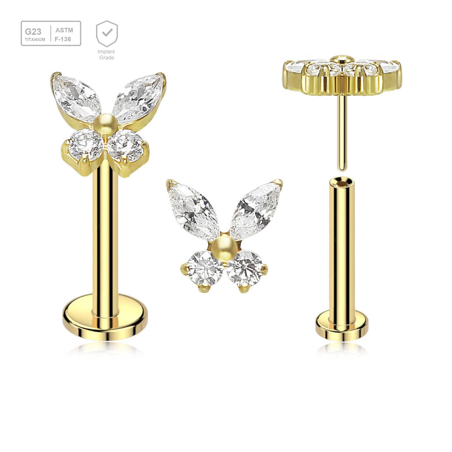 Pack of 5 Gold PVD plated Titanium threadless push in labrets, with butterfly-shaped top with prong set CZ stones - G23 ASTM F-136 implant grade titanium body jewelry