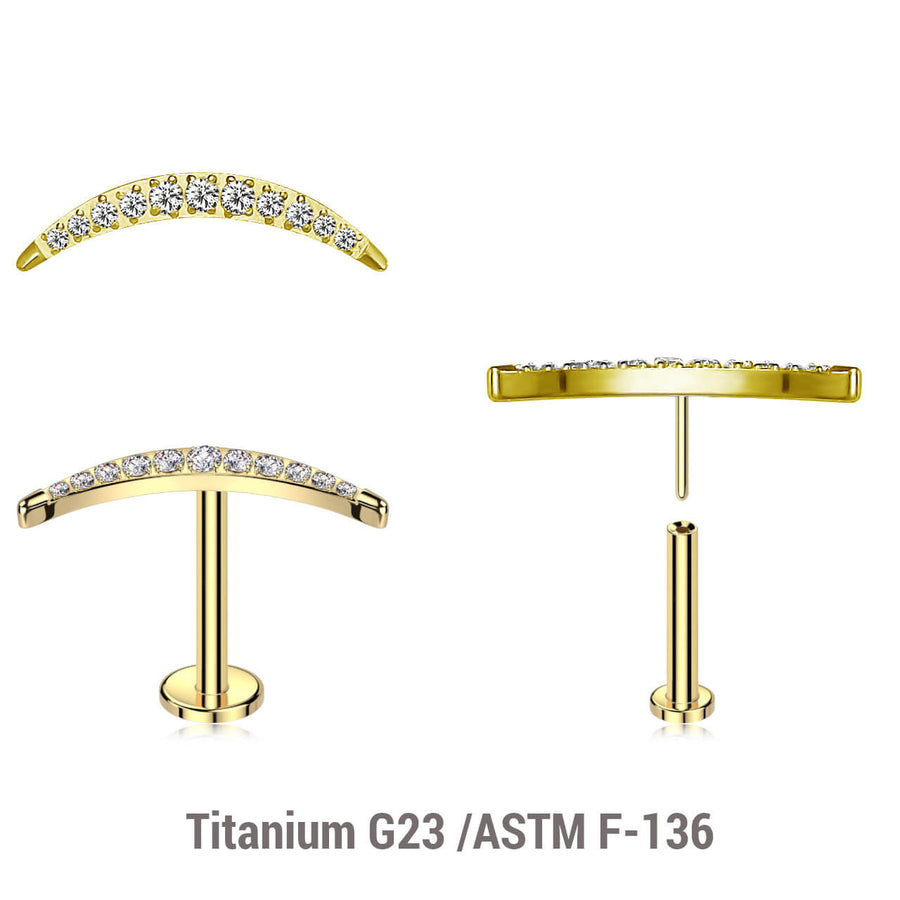 Pack of 5 Gold PVD plated Titanium threadless push in labrets with a CZ studded crescent moon top