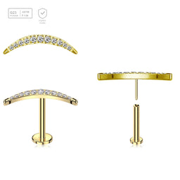 Pack of 5 Gold PVD plated Titanium threadless push in labrets with a CZ studded crescent moon top - G23 ASTM F-136 implant grade titanium body jewelry