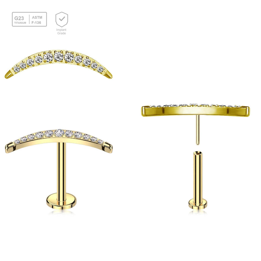 Pack of 5 Gold PVD plated Titanium threadless push in labrets with a CZ studded crescent moon top - G23 ASTM F-136 implant grade titanium body jewelry