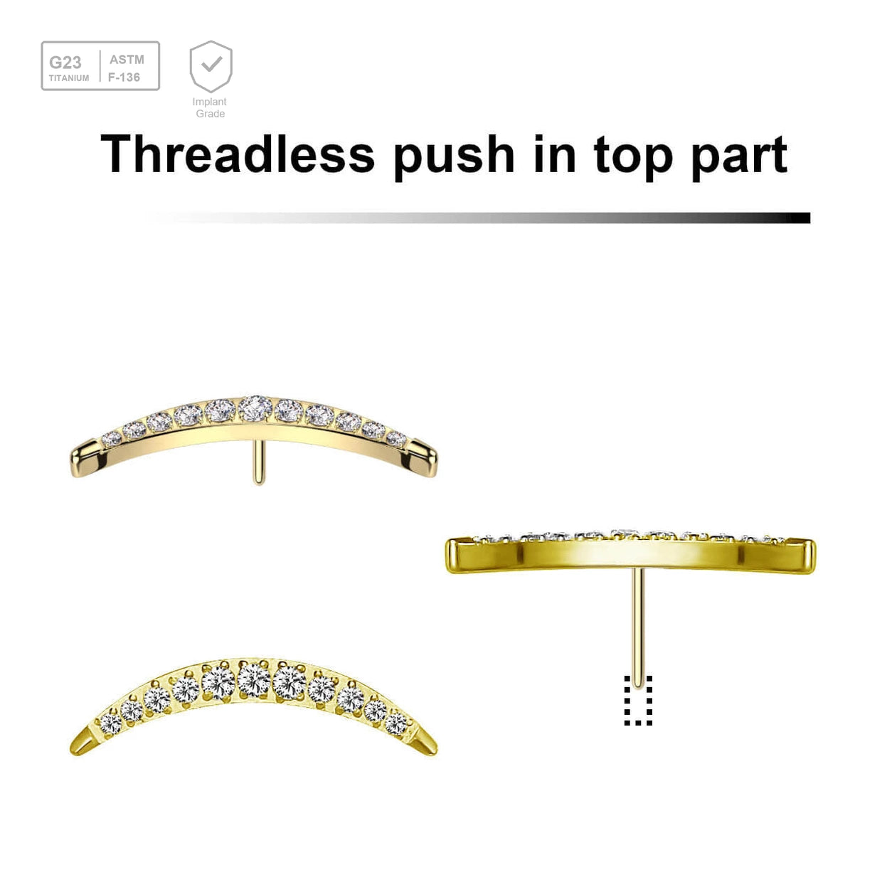 Pack of 5 Gold PVD plated Titanium threadless push in labret top with crescent moon design with 12 prong set CZ stone - G23 ASTM F-136 implant grade titanium body jewelry