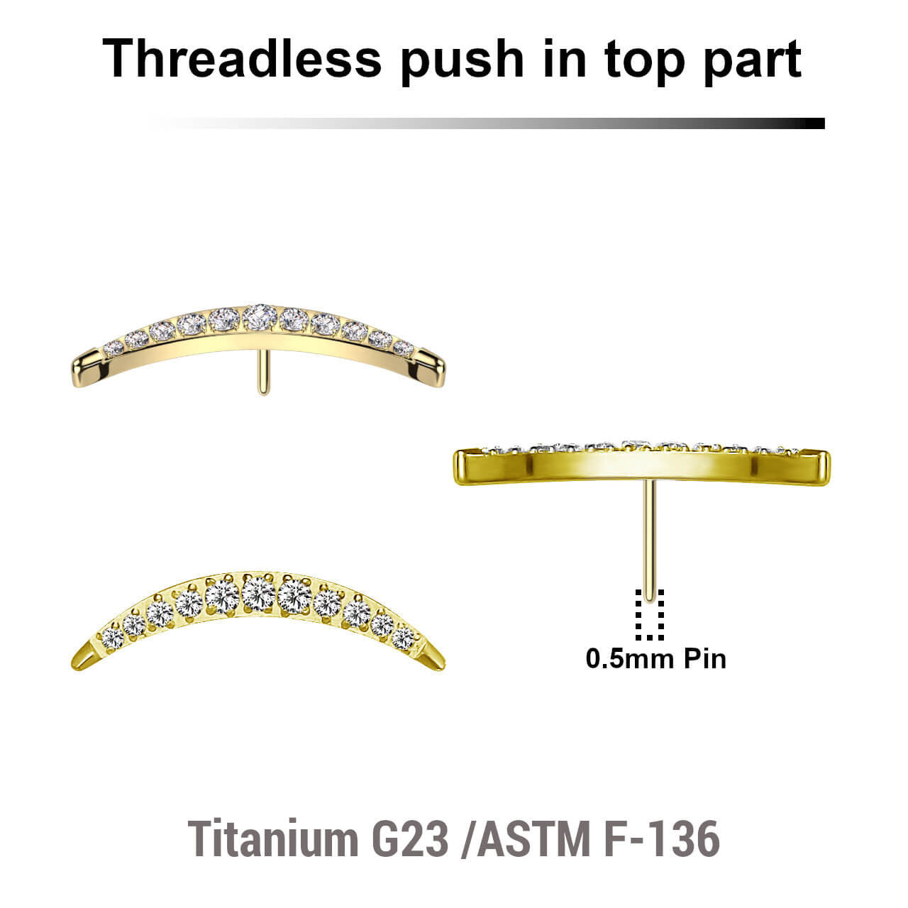 Pack of 5 Gold PVD plated Titanium threadless push in labret top with crescent moon design with 12 prong set CZ stone