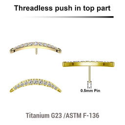 Pack of 5 Gold PVD plated Titanium threadless push in labret top with crescent moon design with 12 prong set CZ stone