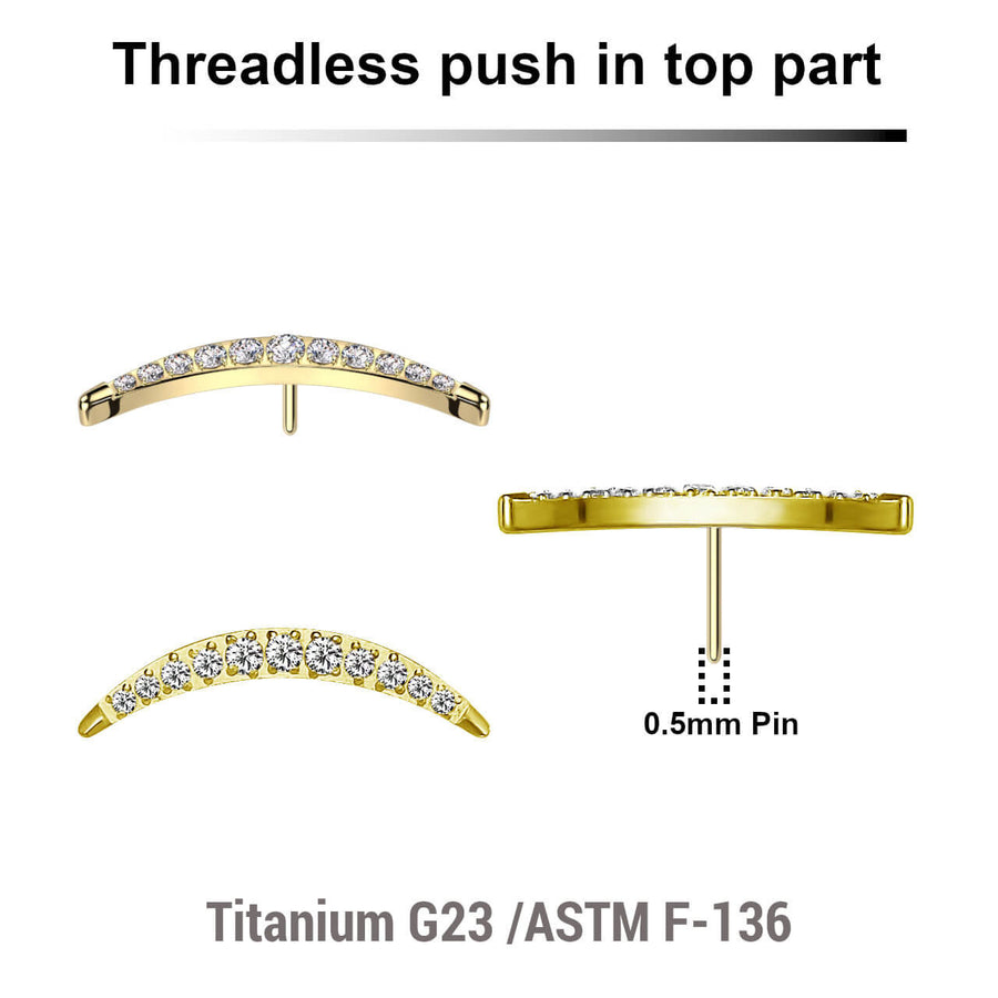 Pack of 5 Gold PVD plated Titanium threadless push in labret top with crescent moon design with 12 prong set CZ stone