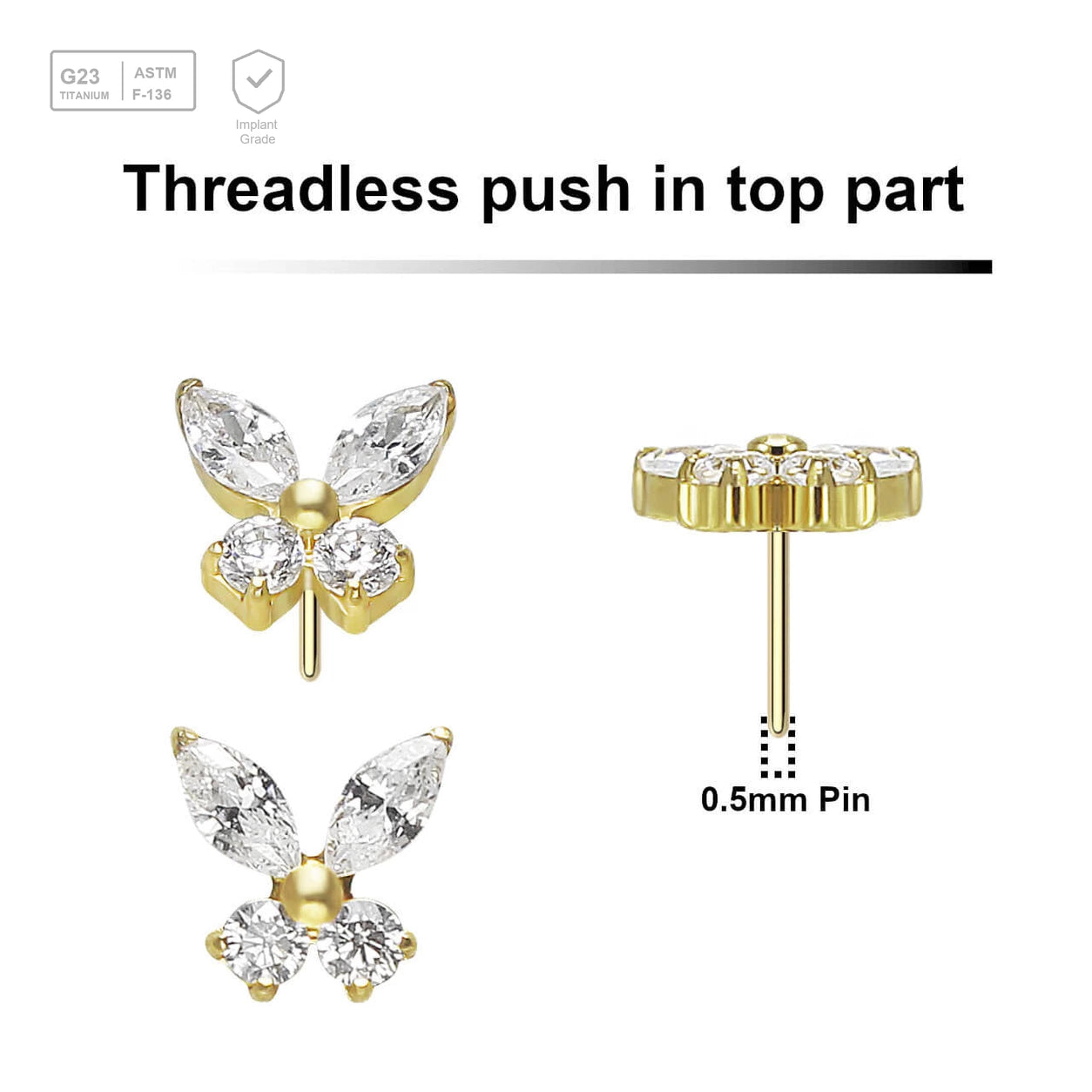 Pack of 5 Gold PVD plated Titanium threadless push in labret top in butterfly shape with prong set CZ stones - G23 ASTM F-136 implant grade titanium body jewelry