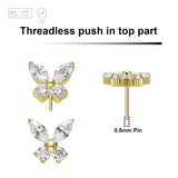 Pack of 5 Gold PVD plated Titanium threadless push in labret top in butterfly shape with prong set CZ stones - G23 ASTM F-136 implant grade titanium body jewelry