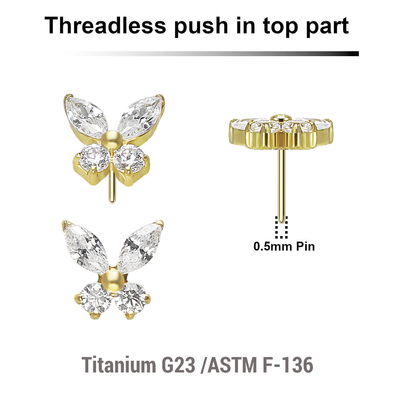 Pack of 5 Gold PVD plated Titanium threadless push in labret top in butterfly shape with prong set CZ stones