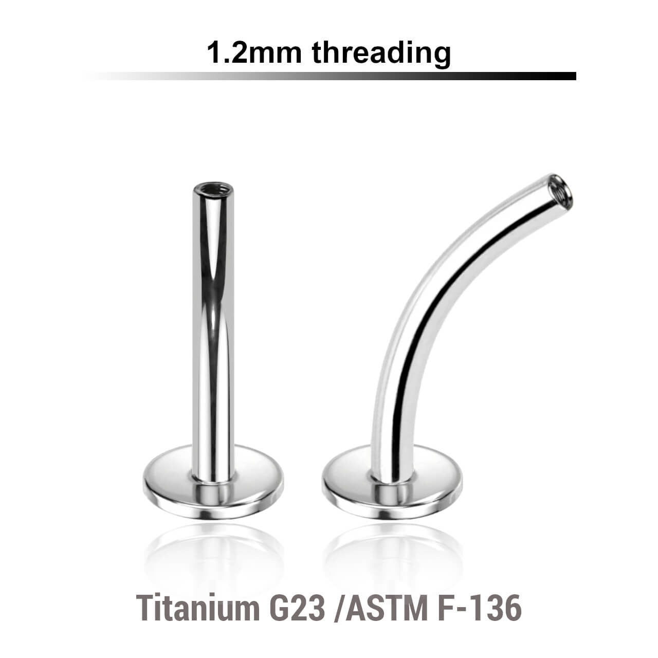 Pack of 10 internally threaded curved labret posts with 4mm base plate in high polished titanium, thickness 1.2mm