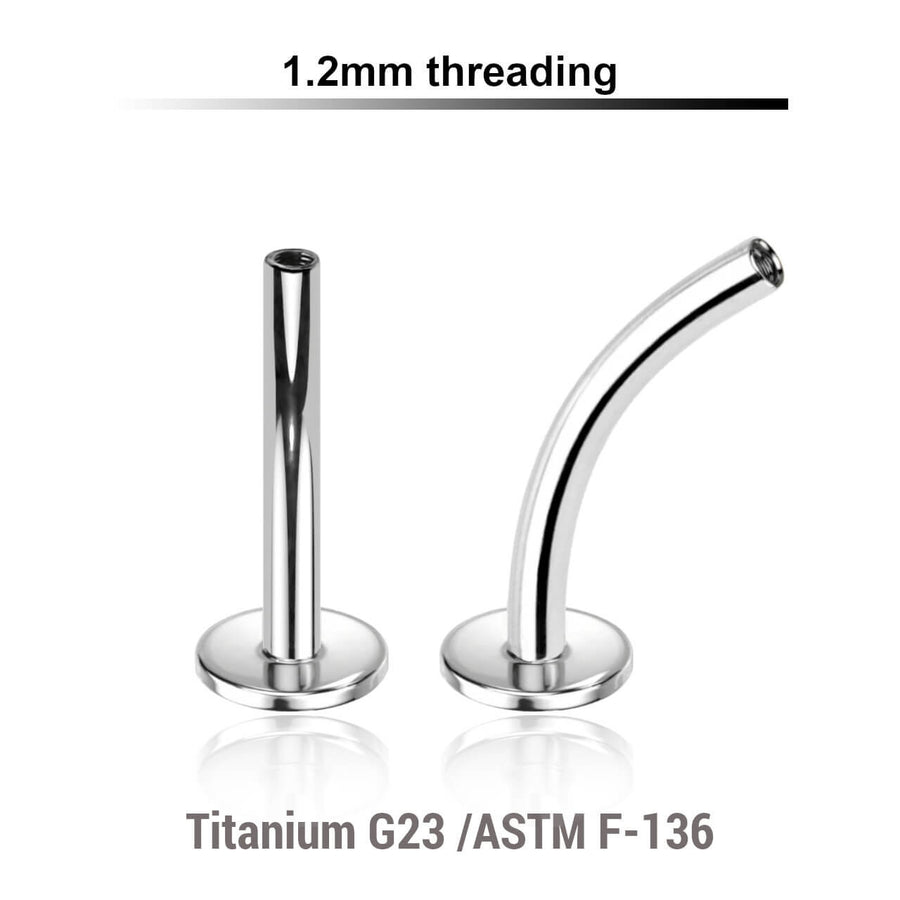 Pack of 10 internally threaded curved labret posts with 4mm base plate in high polished titanium, thickness 1.2mm