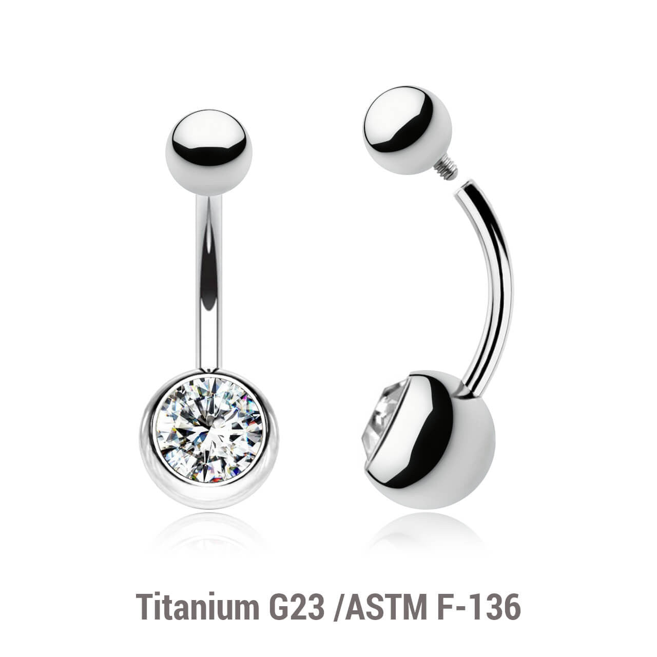 Wholesale pack of 5 high polished titanium internally threaded belly bananas, Thickness 1.6mm, with plain titanium 5mm top ball and lower 8 mm bezel set crystal ball