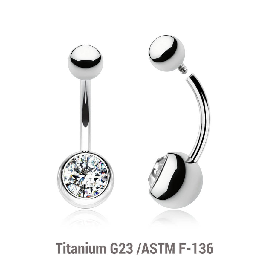 Wholesale pack of 5 high polished titanium internally threaded belly bananas, Thickness 1.6mm, with plain titanium 5mm top ball and lower 8 mm bezel set crystal ball