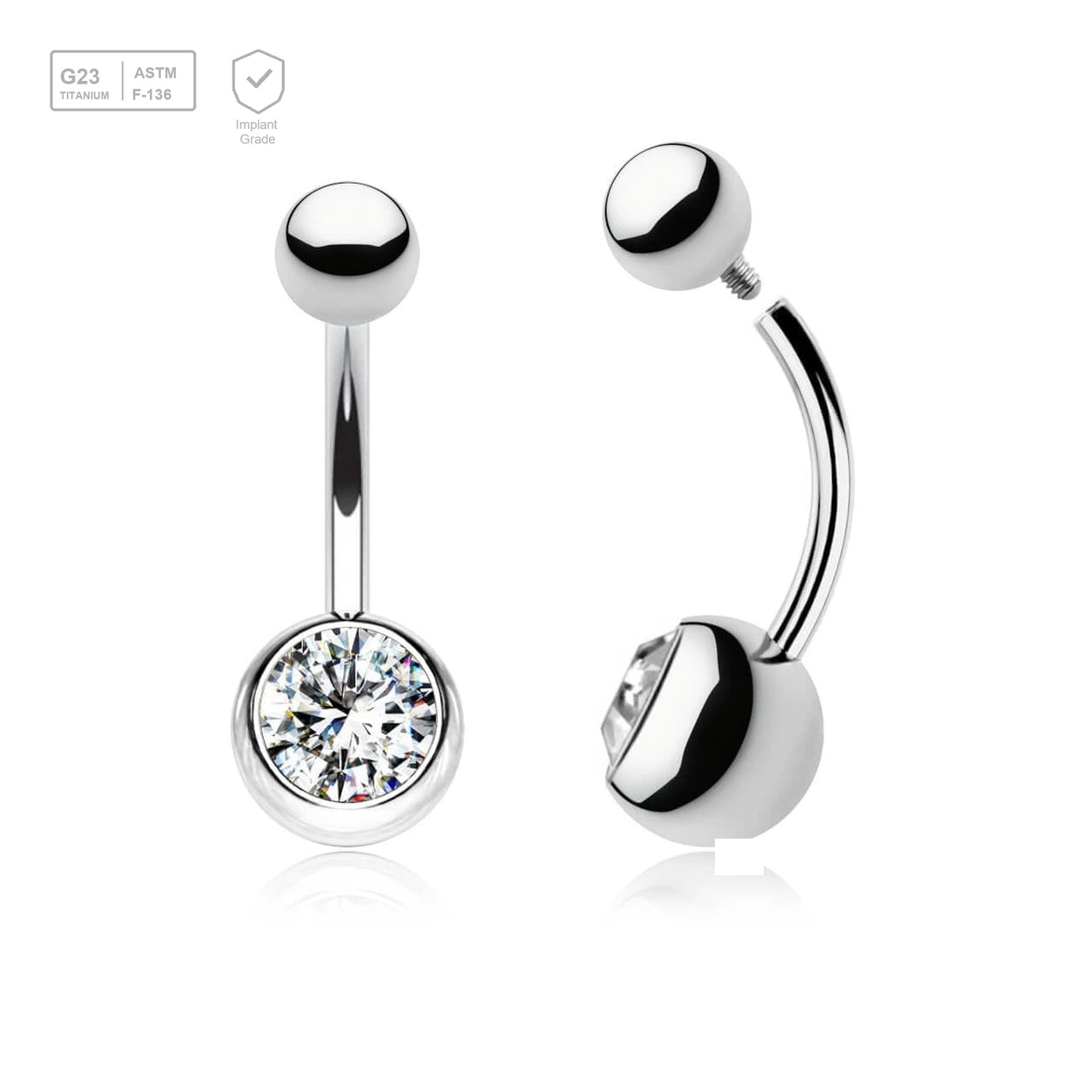 Wholesale pack of 5 high polished titanium internally threaded belly bananas, Thickness 1.6mm, with plain titanium 5mm top ball and lower 8 mm bezel set crystal ball - G23 ASTM F-136 implant grade titanium body jewelry