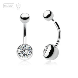 Wholesale pack of 5 high polished titanium internally threaded belly bananas, Thickness 1.6mm, with plain titanium 5mm top ball and lower 8 mm bezel set crystal ball - G23 ASTM F-136 implant grade titanium body jewelry