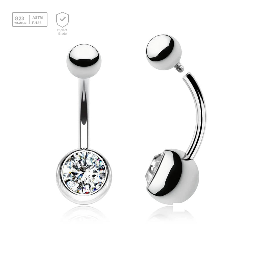 Wholesale pack of 5 high polished titanium internally threaded belly bananas, Thickness 1.6mm, with plain titanium 5mm top ball and lower 8 mm bezel set crystal ball - G23 ASTM F-136 implant grade titanium body jewelry