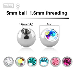 Pack of 10 high polished titanium G23 balls with a 5mm diameter and a bezel set crystal, 1.6mm threading - G23 ASTM F-136 implant grade titanium body jewelry