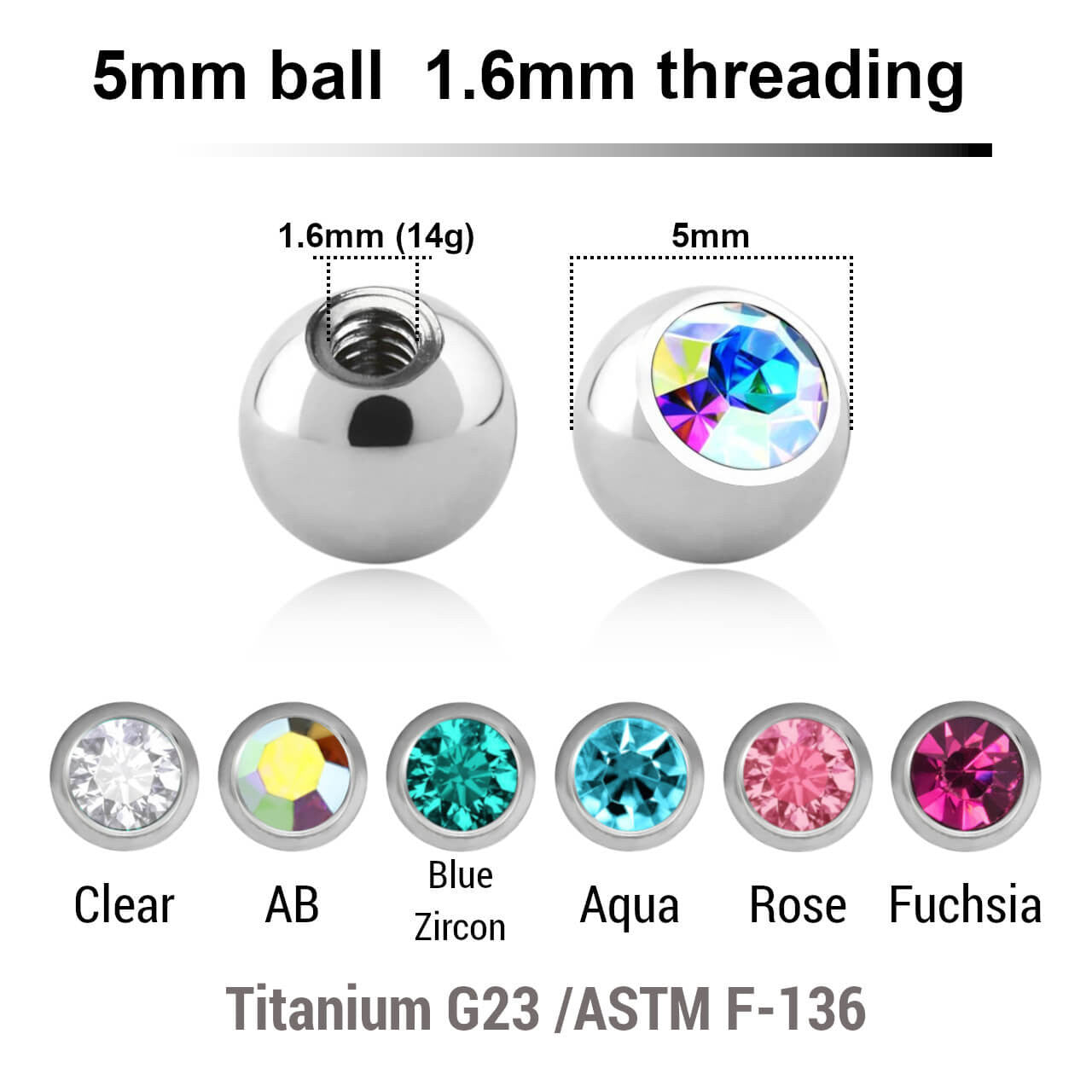 Pack of 10 high polished titanium G23 balls with a 5mm diameter and a bezel set crystal, 1.6mm threading