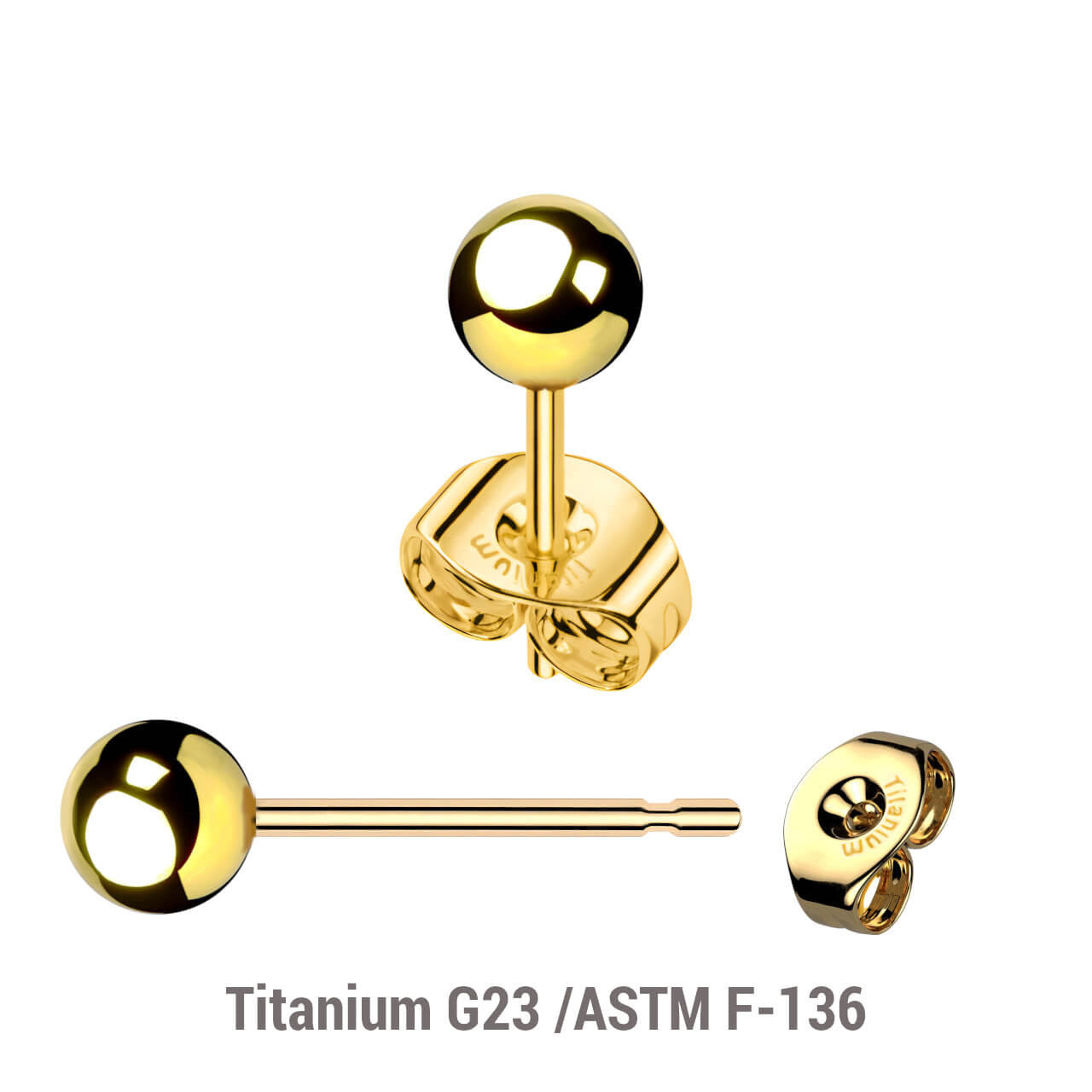 Pack of 5 pairs of Gold PVD plated Titanium Ear studs with ball top and butterflies with titanium engraving
