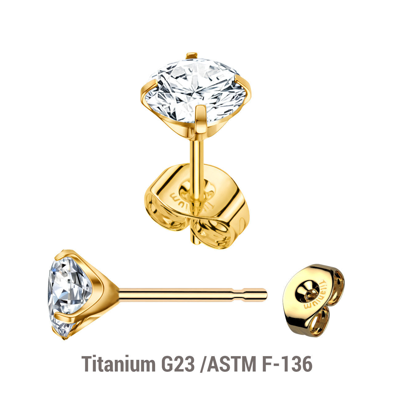 Pack of 5 pairs of Gold PVD plated Titanium Ear studs with prong set cubic zirconia and butterflies with titanium engraving