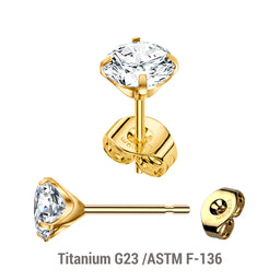 Pack of 5 pairs of Gold PVD plated Titanium Ear studs with prong set cubic zirconia and butterflies with titanium engraving