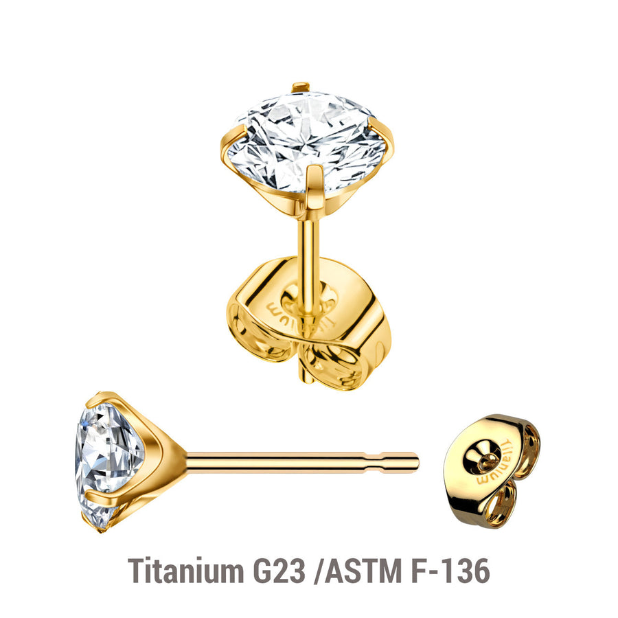 Pack of 5 pairs of Gold PVD plated Titanium Ear studs with prong set cubic zirconia and butterflies with titanium engraving