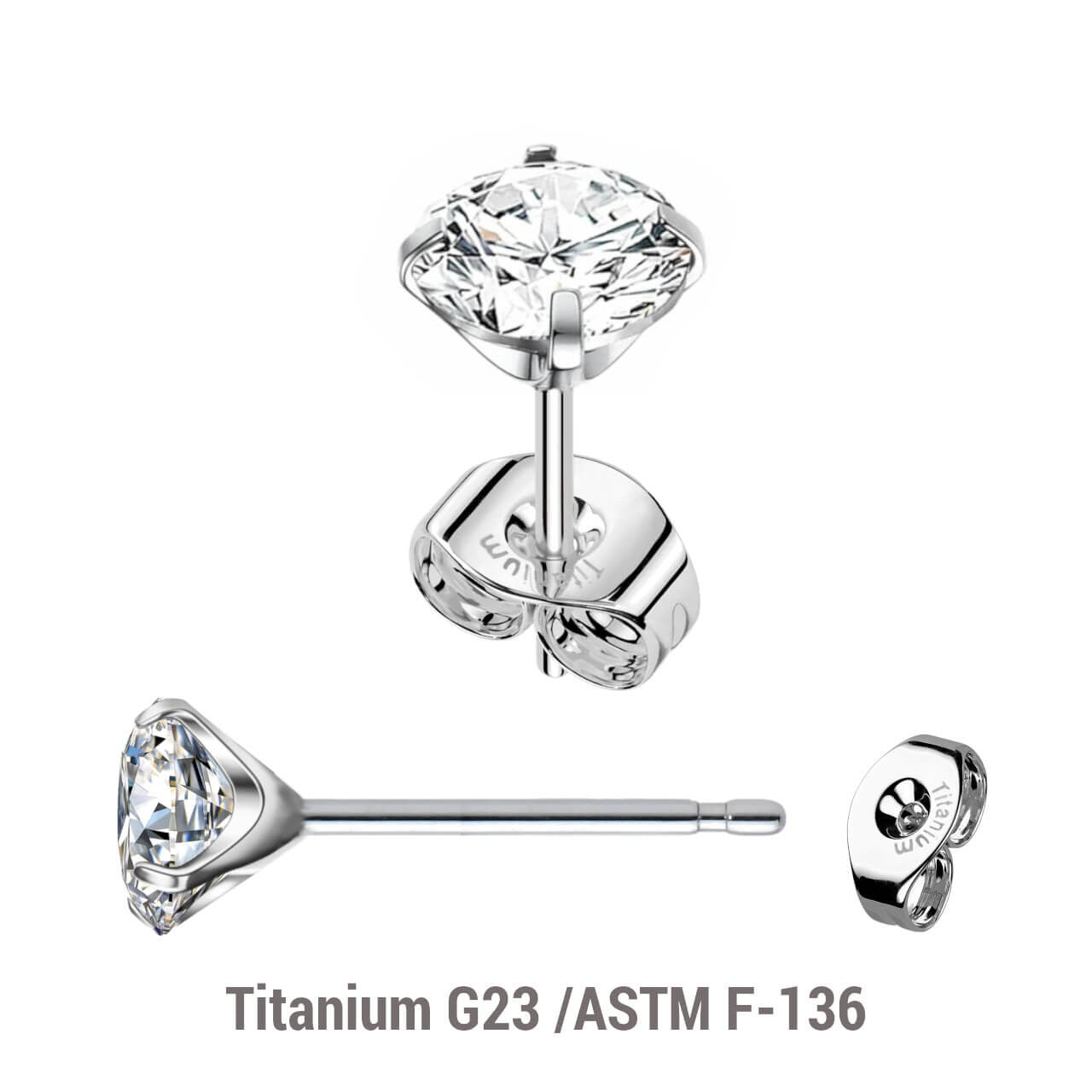 Pack of 5 pairs of Titanium G23 Ear studs with prong set cubic zirconia and butterflies with titanium engraving