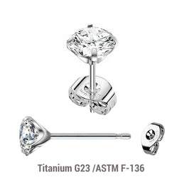 Pack of 5 pairs of Titanium G23 Ear studs with prong set cubic zirconia and butterflies with titanium engraving