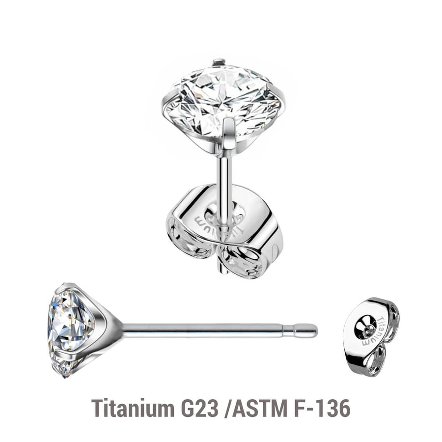 Pack of 5 pairs of Titanium G23 Ear studs with prong set cubic zirconia and butterflies with titanium engraving