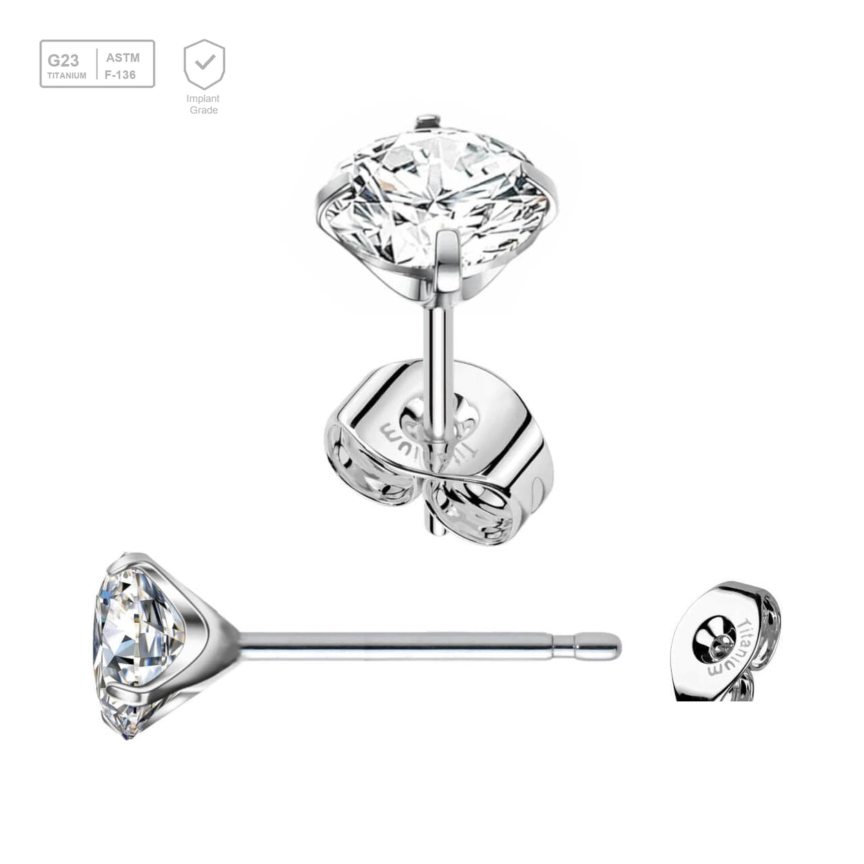 Pack of 5 pairs of Titanium G23 Ear studs with prong set cubic zirconia and butterflies with titanium engraving - G23 ASTM F-136 implant grade titanium body jewelry