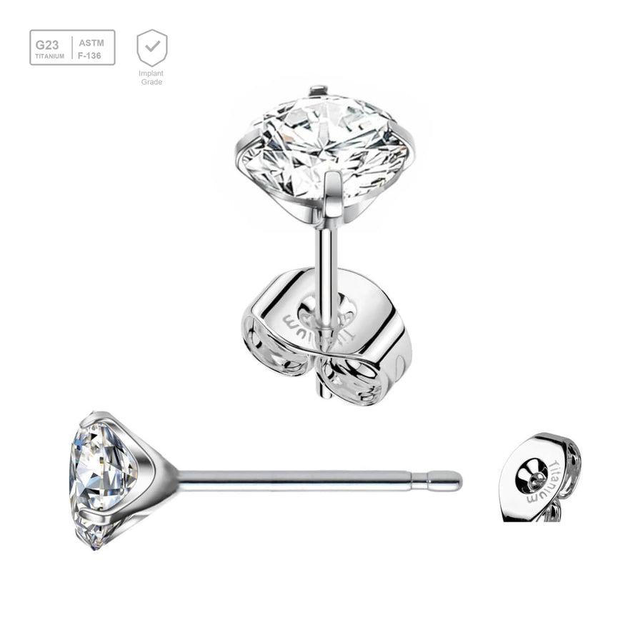 Pack of 5 pairs of Titanium G23 Ear studs with prong set cubic zirconia and butterflies with titanium engraving - G23 ASTM F-136 implant grade titanium body jewelry