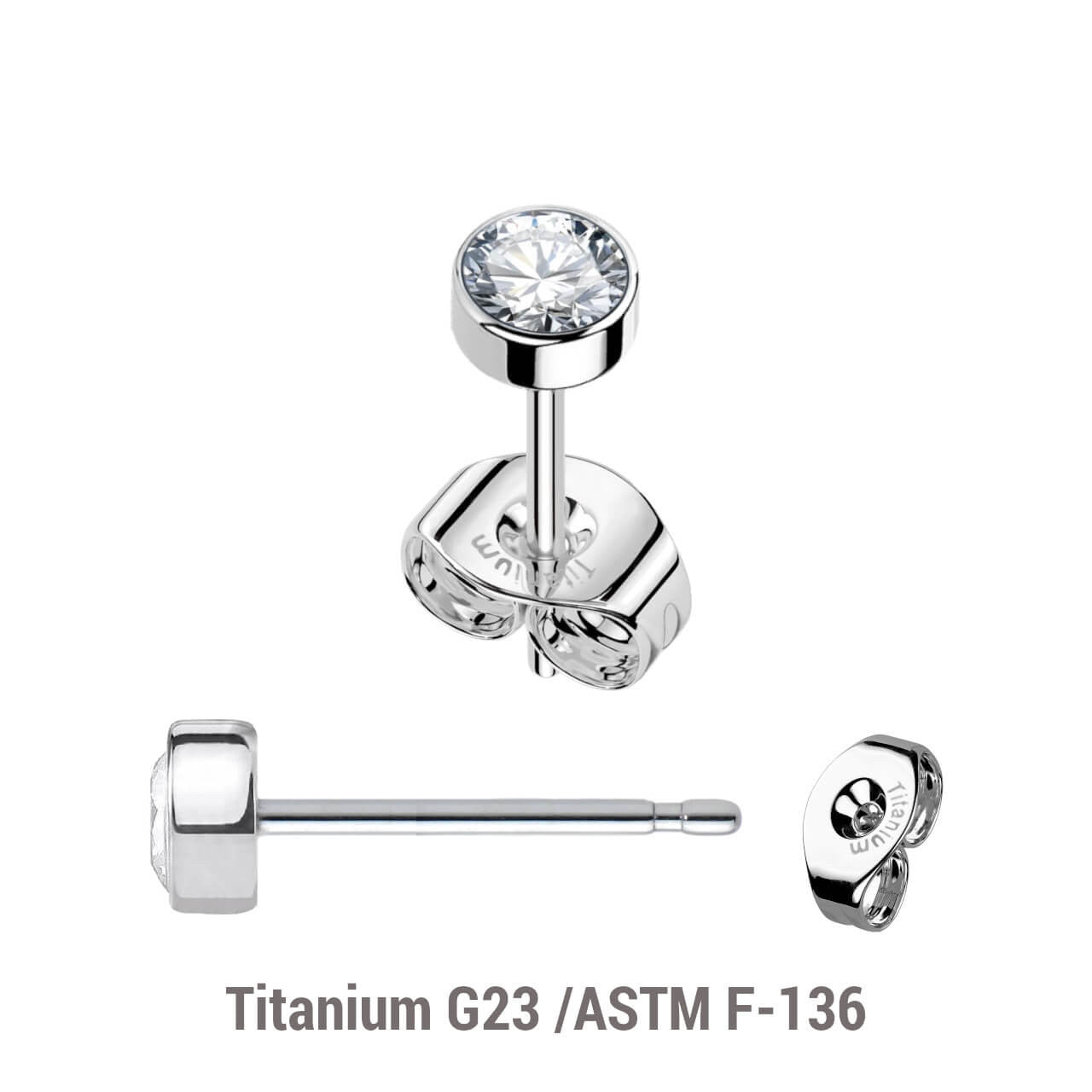 Pack of 5 pairs of Titanium G23 Ear studs with round top with bezel set crystal and butterflies with titanium engraving