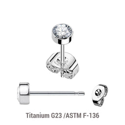 Pack of 5 pairs of Titanium G23 Ear studs with round top with bezel set crystal and butterflies with titanium engraving