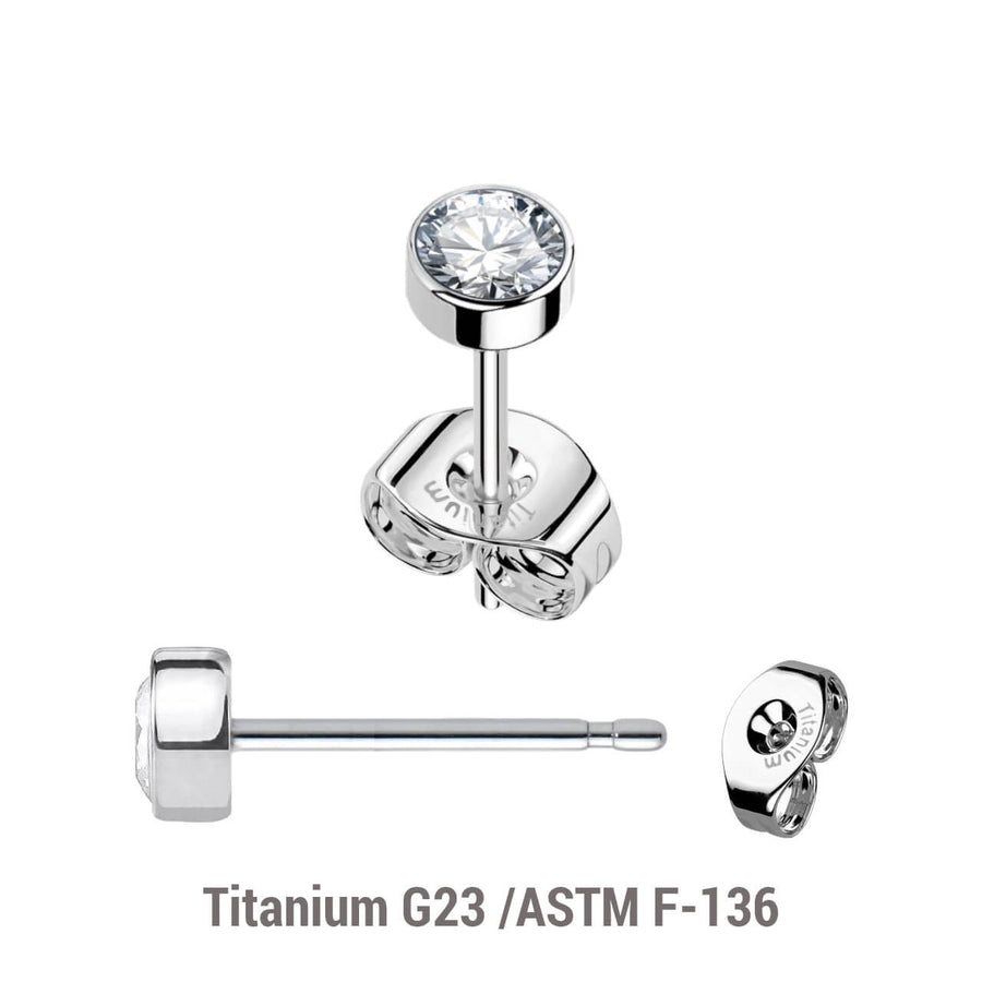 Pack of 5 pairs of Titanium G23 Ear studs with round top with bezel set crystal and butterflies with titanium engraving