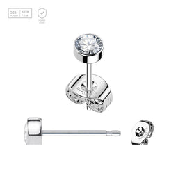 Pack of 5 pairs of Titanium G23 Ear studs with round top with bezel set crystal and butterflies with titanium engraving - G23 ASTM F-136 implant grade titanium body jewelry