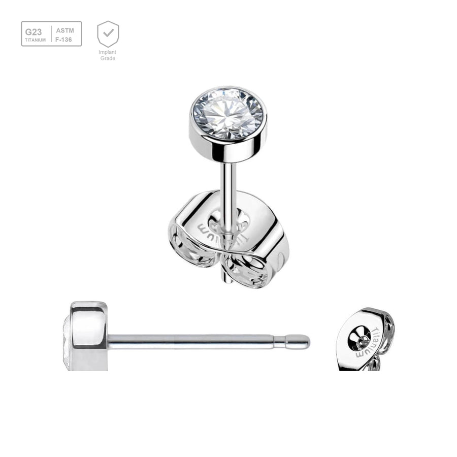 Pack of 5 pairs of Titanium G23 Ear studs with round top with bezel set crystal and butterflies with titanium engraving - G23 ASTM F-136 implant grade titanium body jewelry