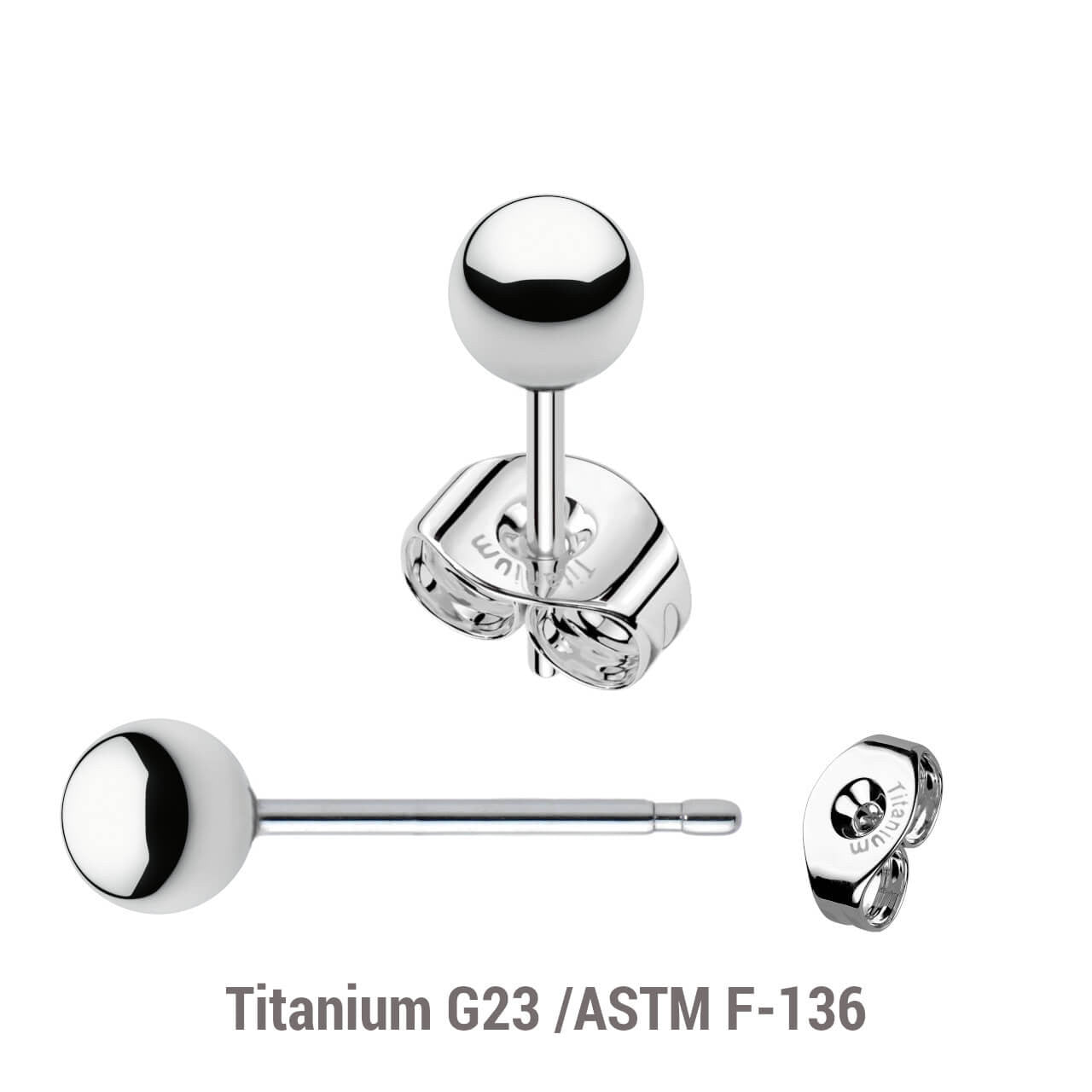 Pack of 5 pairs of Titanium G23 Ear studs with ball tops and butterflies with titanium engraving