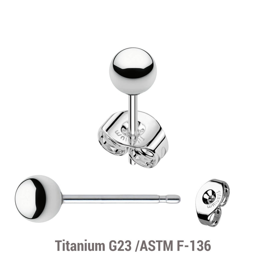 Pack of 5 pairs of Titanium G23 Ear studs with ball tops and butterflies with titanium engraving