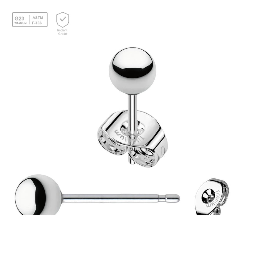 Pack of 5 pairs of Titanium G23 Ear studs with ball tops and butterflies with titanium engraving - G23 ASTM F-136 implant grade titanium body jewelry