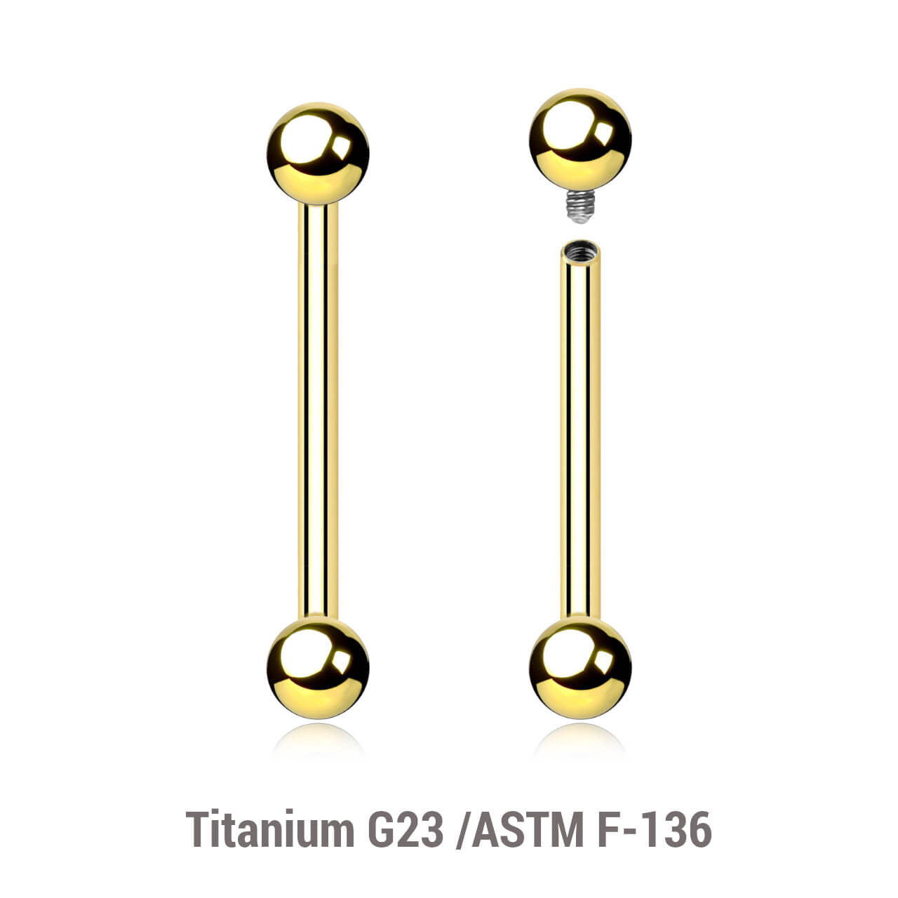 Pack of 5 Gold PVD plated titanium internally threaded nipple barbells, Thickness 1.6mm, Ball size 4mm