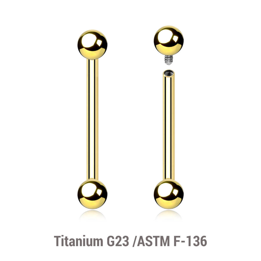 Pack of 5 Gold PVD plated titanium internally threaded nipple barbells, Thickness 1.6mm, Ball size 4mm