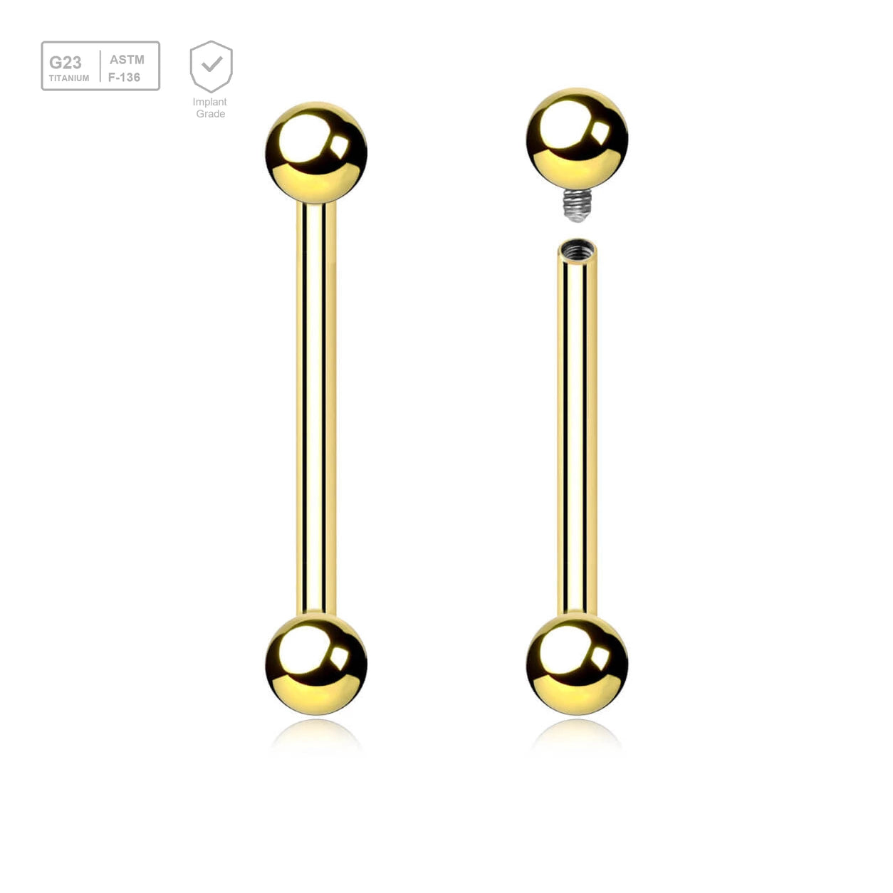 Pack of 5 Gold PVD plated titanium internally threaded nipple barbells, Thickness 1.6mm, Ball size 4mm - G23 ASTM F-136 implant grade titanium body jewelry