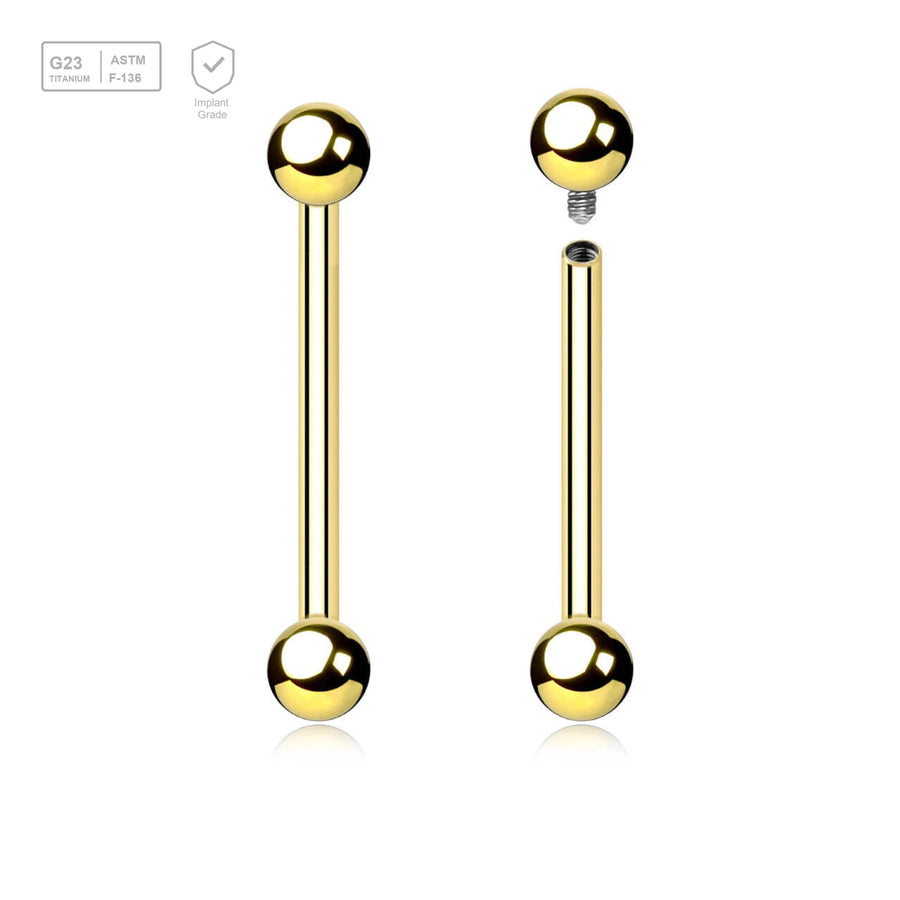 Pack of 5 Gold PVD plated titanium internally threaded nipple barbells, Thickness 1.6mm, Ball size 4mm - G23 ASTM F-136 implant grade titanium body jewelry