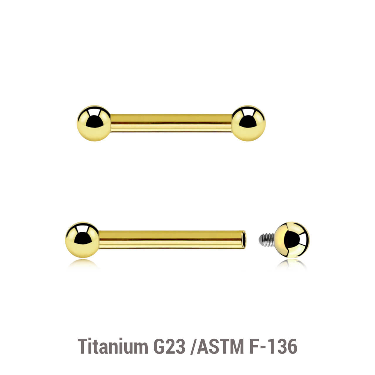 Pack of 5 Gold PVD plated titanium internally threaded barbells, Thickness 1.6mm, Ball size 3mm