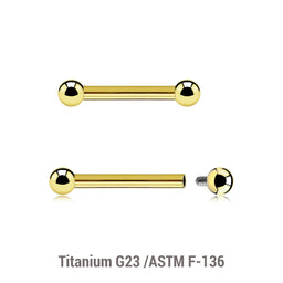 Pack of 5 Gold PVD plated titanium internally threaded barbells, Thickness 1.6mm, Ball size 3mm